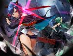  2girls arknights arm_ribbon arm_scarf bare_shoulders black_shorts building ch&#039;en_(arknights) city cityscape closed_mouth clothes_around_waist commentary_request dragon_horns dragon_tail dual_wielding fighting fingerless_gloves from_below gloves glowing glowing_sword glowing_weapon green_hair holding holding_shield horn horns hoshiguma_(arknights) jacket_around_waist multicolored_neckwear multiple_girls multiple_swords navel neckwear nima_(niru54) oni_horn oni_horns outdoors ribbon sheath shield shin_guards short_shorts shorts skin-covered_horns sky skyscraper tail thighs weapon 