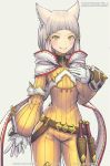  1girl animal_ears bangs belt blunt_bangs bodysuit cat_ears cowboy_shot dagger english_commentary facial_mark flat_chest gloves grey_background grin hair_ribbon hood looking_at_viewer marfrey niyah ribbon short_hair silver_hair simple_background smile solo weapon white_gloves xenoblade_(series) xenoblade_2 yellow_bodysuit yellow_eyes 