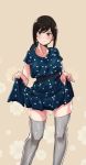  1girl black_hair blue_dress blush cowboy_shot dress fubuki_(kantai_collection) green_eyes grey_legwear highres kantai_collection looking_at_viewer pink_background polka_dot polka_dot_dress sidelocks simple_background skirt skirt_lift smile solo thighhighs vi3r6ein 