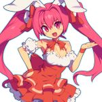  1girl animal_ears blush_stickers breasts bunny_ears cleavage di_gi_charat dice_hair_ornament hair_ornament hand_on_hip long_hair looking_at_viewer medium_breasts metata open_mouth pink_eyes pink_hair simple_background solo twintails usada_hikaru white_background 