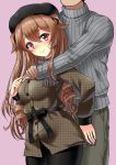  1boy alternate_costume beret black_headwear black_legwear black_ribbon blue_sweater blush brown_eyes brown_jacket casual commentary_request green_pants hat heterochromia jacket kantai_collection light_brown_hair long_hair mayura2002 murasame_(kantai_collection) pants pantyhose pink_background red_eyes remodel_(kantai_collection) ribbed_sweater ribbon simple_background smile sweater two_side_up 