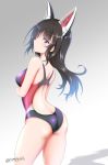  1girl agatsuma_kaede alice_gear_aegis arched_back arm_under_breasts ass backless_swimsuit bangs bare_shoulders black_hair black_swimsuit blush breasts butt_crack closed_mouth commentary_request eyebrows_visible_through_hair gradient gradient_background grey_background hair_between_eyes highres long_hair looking_at_viewer looking_back medium_breasts purple_eyes solo standing swimsuit tamayan twitter_username white_background 