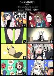  6+girls ? amiya_(arknights) anger_vein angry animal_ears apple_pie arknights bear_ears biting blue_poison_(arknights) bull_horns bunny_ears carrot chaps cosplay cracked demon_horns dinergate_(girls_frontline) doctor_(arknights) energy_wings english_text exusiai_(arknights) feater_(arknights) girls_frontline halo headphones highres hood hoodie horns junsuina_fujunbutsu kill_la_kill koshimizu_ami leopard_ears leopard_tail liskarm_(arknights) long_hair matoi_ryuuko matoi_ryuuko_(cosplay) mayer_(arknights) megaphone multiple_girls pramanix_(arknights) riot_shield ro635_(dinergate) school_uniform seiyuu_connection self_shot serafuku shining_(arknights) short_hair skadi_(arknights) speech_bubble tail tail_biting texas_(arknights) thighs wolf_ears 