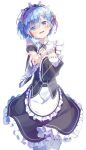  1girl absurdres bangs black_ribbon blue_eyes blue_hair blush breasts commentary_request detached_sleeves dress eyebrows_visible_through_hair frills hair_ornament hair_over_one_eye hair_ribbon highres kimyo looking_at_viewer maid maid_headdress medium_breasts open_mouth pink_ribbon re:zero_kara_hajimeru_isekai_seikatsu rem_(re:zero) ribbon short_hair simple_background smile solo tears thighhighs white_background white_legwear x_hair_ornament 