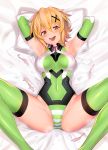  1girl absurdres akatsuki_kirika armpits bed blonde_hair blush bodysuit breasts breasts_apart condom covered_navel covered_nipples green_eyes green_legwear highres looking_at_viewer lying medium_breasts on_back on_bed open_mouth panties pillow senki_zesshou_symphogear shiny shiny_clothes shiny_hair shiny_skin short_hair smile solo striped striped_panties teeth thighhighs ulrich_(tagaragakuin) underwear upper_teeth used_condom 