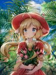  1girl :o ahoge animal_ears bangs blonde_hair blue_eyes blush bouquet bow commentary_request day dress eyebrows_visible_through_hair floating_hair flower hair_bow hat highres holding holding_bouquet horizon long_hair looking_at_viewer low_twintails melings_(aot2846) nature ocean original outdoors parted_lips pink_flower plant pleated_dress red_bow red_dress red_headwear short_sleeves solo tulip twintails very_long_hair water 