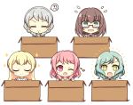  +_+ 5girls :&gt; :d ;d =_= aqua_hair bang_dream! bangs blonde_hair blue_neckwear blush_stickers box braid brown_hair brown_serafuku cardboard_box closed_eyes collared_shirt commentary_request eyebrows_visible_through_hair flying_sweatdrops glasses green_eyes grey_jacket hair_between_eyes half_updo hanasakigawa_school_uniform haneoka_school_uniform highres hikawa_hina in_box in_container jacket long_hair looking_at_viewer maruyama_aya multiple_girls necktie notice_lines one_eye_closed open_mouth own_hands_together pastel_palettes pink_eyes pink_hair red-framed_eyewear sailor_collar school_uniform semi-rimless_eyewear shirasagi_chisato shirt short_hair side_braids sidelocks simple_background smile sparkle speech_bubble star striped striped_neckwear swept_bangs teen_(teen629) twin_braids u_u under-rim_eyewear upper_body wakamiya_eve wavy_mouth white_background white_hair white_sailor_collar white_shirt yamato_maya 