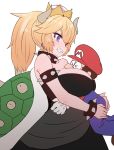  1girl bare_shoulders between_breasts black_dress blonde_hair blue_eyes blush bowsette bracelet breast_smother breasts collar commentary crown dress head_between_breasts horns hug jewelry large_breasts looking_at_viewer mario mario_(series) new_super_mario_bros._u_deluxe ponytail sharp_teeth spiked_bracelet spiked_collar spikes sumiyao_(amam) super_crown teeth turtle_shell 