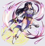  1girl absurdres armor armored_boots arms_up artist_name ayra_(fire_emblem) bangs belt belt_pouch black_hair boots breastplate dress earrings elbow_gloves fire_emblem fire_emblem:_genealogy_of_the_holy_war fire_emblem_heroes full_body gloves grey_background highres holding holding_sword holding_weapon huge_filesize jewelry leg_up long_hair looking_away looking_up open_mouth pauldrons pelvic_curtain pouch purple_eyes sarukaiwolf sheath short_sleeves simple_background solo sword thighhighs thighs weapon 