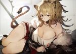  1girl animal_ears arknights artist_name bare_legs black_coat black_nails blonde_hair breasts candy choker cleavage closed_mouth coat deep_skin expressionless food full_body fur-trimmed_coat fur-trimmed_shorts fur_collar fur_trim hair_between_eyes hammer large_breasts lion_ears lion_tail lollipop long_hair looking_at_viewer lying nail_polish off_shoulder on_side ponytail red_shorts short_shorts shorts siege_(arknights) signature solo strap_slip tail tank_top thighs toridamono war_hammer weapon white_tank_top yellow_eyes zipper 