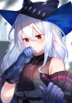  1girl arknights bangs bare_shoulders black_headwear black_neckwear blue_gloves blurry blurry_background blush breasts commentary_request depth_of_field dress eyebrows_visible_through_hair gloves grey_dress hair_between_eyes hands_up hat highres long_hair medium_breasts omelet_tomato parted_lips red_eyes see-through silver_hair skadi_(arknights) sleeveless sleeveless_dress solo sweat 