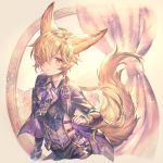 1boy animal_ears backless_outfit blonde_hair brown_eyes erune formal fox_boy fox_ears fox_tail gloves granblue_fantasy hair_ornament hair_over_one_eye highres jacket kou_(granblue_fantasy) large_tail long_hair looking_at_viewer male_focus necktie open_mouth shigaraki_(strobe_blue) solo suit tail 