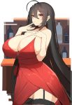  1girl absurdres ahoge azur_lane bangs bare_shoulders black_hair blush breasts brown_legwear chixiao choker cleavage cocktail_dress collarbone commentary_request dress eyebrows_visible_through_hair finger_to_mouth hair_between_eyes highres huge_ahoge huge_breasts long_hair looking_at_viewer no_bra plunging_neckline red_choker red_dress red_eyes sketch solo spaghetti_strap strap_gap taihou_(azur_lane) taihou_(forbidden_feast)_(azur_lane) thighhighs very_long_hair 