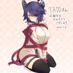  1girl alternate_costume artist_name black_legwear blush bow breasts brown_eyes closed_mouth dated eyebrows_visible_through_hair eyepatch full_body kantai_collection kotobuki_(momoko_factory) large_breasts looking_at_viewer messy_hair purple_hair red_bow red_ribbon ribbed_sweater ribbon seiza short_hair sitting solo sweater tenryuu_(kantai_collection) thighhighs translation_request twitter_username 