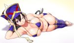 1girl armpits beads bikini black_hair blue_bikini blush breasts covered_nipples fate/grand_order fate_(series) full_body gradient gradient_background hair_between_eyes hat head_rest highres large_breasts long_hair looking_at_viewer lying navel on_side one_eye_closed onsoku_inu purple_eyes sandals shadow shiny shiny_skin simple_background smile solo swimsuit thighhighs vambraces wristband xuanzang_(fate/grand_order) 