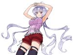  1girl ahoge breasts highres ikezawa_shin large_breasts lavender_hair looking_at_viewer low_twintails purple_eyes senki_zesshou_symphogear shorts smile solo thighhighs twintails yukine_chris 