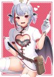  1boy :d animal_ears bat_wings belt belt_pouch black_wings braid fang garter_straps gloves hat heart heart_cutout highres light_blue_hair looking_at_viewer mizuki_eiru_(akagi_kurage) multicolored_hair nurse_cap open_mouth original otoko_no_ko pink_background pointy_ears pouch red_eyes red_hair short_sleeves smile solo streaked_hair syringe vial white_gloves white_legwear wings 