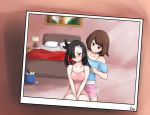  2girls asymmetrical_bangs asymmetrical_hair bangs bare_shoulders bed between_legs blue_shirt blush brown_eyes brown_hair closed_mouth comb combing dokuropg dress hand_between_legs indoors long_hair looking_at_another looking_down mary_(pokemon) multiple_girls nose_blush off-shoulder_shirt off_shoulder photo_(object) pink_dress pink_shorts pokemon pokemon_(game) pokemon_swsh shirt short_dress short_hair shorts sitting smile t-shirt trash trash_can undercut used_tissue v_arms yuri yuuri_(pokemon) 