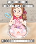  2girls background_text bread brown_hair english_text food idolmaster idolmaster_cinderella_girls macro meme multicolored_hair multiple_girls oohara_michiru psychooorb tagme what yumemi_riamu 