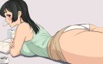  1girl aqua_shirt ass beer_can black_hair blush book brown_eyes brown_skirt can cigarette cigarette_butt crossed_arms grey_background long_hair looking_at_viewer lying miniskirt nemui333 on_stomach open_book original panties shirt simple_background skirt sleeveless sleeveless_shirt smoking underwear white_panties 