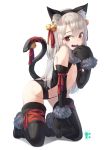  1girl absurdres animal_ears artist_name bell black_gloves black_legwear brown_eyes cat_ears cat_tail dated elbow_gloves eyebrows_visible_through_hair fake_animal_ears fate/kaleid_liner_prisma_illya fate_(series) flat_chest full_body fur_trim gloves hair_bell hair_ornament highres illyasviel_von_einzbern kimyo kneeling long_hair looking_at_viewer open_mouth paw_gloves paws silver_hair simple_background solo tail tail_bell teeth thighhighs white_background 