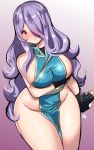 1girl arm_under_breasts black_gloves blue_dress blush breasts breath camilla_(fire_emblem) commission cosplay cowboy_shot curvy dress fingerless_gloves fire_emblem fire_emblem:_the_blazing_blade fire_emblem_fates fire_emblem_heroes from_above gloves gradient gradient_background hair_over_one_eye kenron_toqueen large_breasts long_hair looking_at_viewer lyn_(fire_emblem) lyn_(fire_emblem)_(cosplay) nose_blush pelvic_curtain purple_eyes purple_hair revealing_clothes sash smile solo very_long_hair wavy_hair 