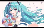  1girl :d aqua_eyes aqua_hair black_sleeves blurry blurry_background blurry_foreground blush bouquet commentary depth_of_field detached_sleeves eyebrows_visible_through_hair flower gradient gradient_background grey_shirt hair_between_eyes hair_blowing hatsune_miku highres holding holding_bouquet letterboxed mell01218 number number_pun open_mouth petals pink_background shirt short_hair_with_long_locks simple_background sleeveless sleeveless_shirt smile solo twintails upper_body vocaloid wind 