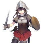  1girl armor bangs breasts brown_hair commentary_request helmet holding holding_shield holding_weapon leather_armor looking_at_viewer medium_breasts nonderi open_mouth original purple_eyes red_skirt shield short_hair short_sleeves simple_background skirt solo sword weapon white_background wooden_shield 