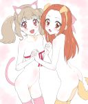  2girls :d aikatsu!_(series) aikatsu_on_parade! animal_ear_fluff animal_ears ass bangs blush bottomless bow breasts brown_hair brown_hairband brown_legwear cat_ears cat_girl cat_tail collarbone commentary_request dog_ears dog_girl dog_tail eyebrows_visible_through_hair fake_animal_ears forehead groin hair_bow hairband highres holding_hands interlocked_fingers kiseki_raki looking_at_viewer looking_to_the_side multiple_girls naked_ribbon navel nipples nude open_mouth otoshiro_noel parted_bangs pink_bow pink_hairband pink_legwear pussy red_eyes ribbon sidelocks skindentation small_breasts smile tail thighhighs trg-_(sain) twintails 
