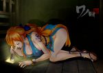  1girl all_fours bare_shoulders breasts closed_eyes closed_mouth collarbone earrings hair_ornament hair_ribbon hanging_breasts highres indoors japanese_clothes jewelry kimono large_breasts long_hair nami_(one_piece) nipple_slip nipples no_bra no_panties one_piece orange_hair ponytail raida_(user_yypr5857) ribbon sandals shiny shiny_hair solo tattoo 