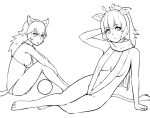  2girls absurdres animal_ear_fluff animal_ears arm_behind_head arm_up bangs bare_legs bare_shoulders barefoot bikini breasts extra_ears eyebrows_visible_through_hair full_body giraffe_ears giraffe_horns giraffe_tail grey_wolf_(kemono_friends) greyscale highres kemono_friends legs lineart long_hair looking_at_another looking_at_viewer medium_breasts monochrome multiple_girls murakami_kou_(raye) ponytail reticulated_giraffe_(kemono_friends) scarf slingshot_swimsuit swimsuit tail wolf_ears wolf_tail 