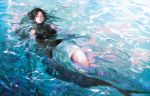  1girl absurdres afloat bare_shoulders black_hair black_sweater breasts commentary_request freckles full_body half-closed_eyes highres huge_filesize long_hair looking_away medium_breasts mermaid miniskirt monster_girl nanase_miri original parted_lips partially_submerged skirt sleeveless solo sweater turtleneck turtleneck_sweater water water_surface wet wet_clothes wet_hair wet_skirt wet_sweater white_skirt 