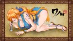  1girl all_fours bare_shoulders breasts brown_background closed_eyes closed_mouth collarbone earrings hair_ornament hair_ribbon hanging_breasts highres japanese_clothes jewelry kimono large_breasts long_hair nami_(one_piece) nipple_slip nipples no_bra no_panties one_piece orange_hair ponytail raida_(user_yypr5857) ribbon sandals shiny shiny_hair simple_background solo tattoo 