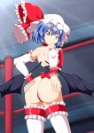  1girl ass bare_shoulders bat_wings blue_hair blush breasts choker closed_mouth eyebrows_visible_through_hair feet_out_of_frame frills from_behind hat highres kagayama_hajime looking_back panties red_eyes red_neckwear red_panties remilia_scarlet ribbon shiny shiny_hair shiny_skin short_hair shoulder_blades sideboob small_breasts smile solo standing thighhighs thong touhou underwear white_legwear wings 