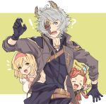  !? 1boy 2girls ahoge animal_ears blonde_hair blue_eyes closed_eyes djeeta_(granblue_fantasy) erune funf granblue_fantasy harvin headband highres jacket mask mole mole_under_eye multiple_girls open_mouth red_hair saaaan_1 short_hair silver_hair six_(granblue_fantasy) v yellow_eyes 