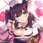  aqua_eyes balloon blush breasts brown_hair character_request chocolate cleavage collarbone commentary_request eyebrows_visible_through_hair large_breasts long_hair looking_at_viewer omelet_tomato red_ribbon ribbon two_side_up valentine virtual_youtuber 