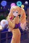  1girl absurdres aerial_fireworks bangs blonde_hair candy_apple fan fireworks food full_moon girls_frontline hair_between_eyes hair_ribbon hairband happycloud highres japanese_clothes kimono licking_lips long_hair looking_at_viewer looking_back moon night night_sky obi orange_ribbon outdoors paper_fan railing reflection ribbon s.a.t.8_(girls_frontline) sash sky skyline smile standing tongue tongue_out twintails very_long_hair yellow_kimono 