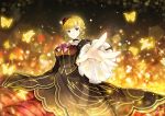  1girl beatrice blonde_hair blue_eyes bow bug butterfly choker dress flower foreshortening hair_bun hair_flower hair_ornament insect outstretched_hand red_flower red_rose rose sparkle umineko_no_naku_koro_ni vilor yellow_butterfly 