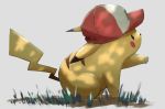  baseball_cap from_side gen_1_pokemon grass hat na_(oagenosuke) no_humans pikachu pokemon red_headwear simple_background solo white_background 