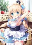  1girl :d animal_ear_fluff animal_ears apron arm_up armpits bangs bare_shoulders blue_bow blue_eyes blue_skirt blurry blurry_background blush bow breasts brown_hair cake cleavage commentary_request cream crown depth_of_field eyebrows_visible_through_hair fang food fox_ears fox_girl fox_tail frilled_apron frilled_skirt frills fruit hair_between_eyes hair_bow highres long_hair low_twintails medium_breasts mini_crown open_mouth original satsuki_yukimi sideboob skirt smile solo strawberry tail thighhighs twintails underbust very_long_hair waist_apron white_apron white_legwear wrist_cuffs 