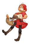  1boy ahoge basket belt belt_buckle boots bread brown_eyes brown_footwear brown_gloves brown_hair buckle clam cloak food gloves hair_over_one_eye holding holding_basket kaworu_(kaw_lov) little_red_riding_hood male_focus open_mouth original padded_cloak pouch red_cloak red_skirt signature simple_background skirt smile solo teeth thigh_strap upper_teeth 