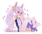  2girls animal_ears azur_lane bangs bare_arms bare_shoulders blush breasts bunny_ears camisole covered_mouth cunnilingus cunnilingus_through_clothes eyebrows_visible_through_hair hair_between_eyes hair_ornament hand_up heart highres javelin_(azur_lane) laffey_(azur_lane) long_hair multiple_girls nail_polish no_shoes nose_blush oral pantyhose pink_nails purple_hair red_eyes shadow silver_hair small_breasts soles sweat thighband_pantyhose tongue tongue_out tsubasa_tsubasa twintails very_long_hair white_background white_camisole white_legwear yuri 