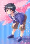  1boy ayase_iyo bent_over black_hair blue_eyes cherry_blossoms full_body highres hood hoodie looking_at_viewer male_focus original petals shirt shorts shota smile spring_(season) striped striped_shirt 