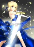  1girl absurdres ahoge artoria_pendragon_(all) bangs bare_hips blonde_hair blue_dress blue_ribbon blurry blurry_background braid braided_bun breasts character_name dress elbow_gloves excalibur fate/stay_night fate_(series) from_side gloves green_eyes hair_between_eyes hair_ribbon highres holding holding_sword holding_weapon parted_lips ribbon saber shi_ma86 shiny shiny_hair short_hair sideboob sidelocks sleeveless sleeveless_dress small_breasts solo standing strapless strapless_dress sword weapon white_gloves 