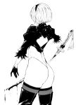  1girl absurdres ass back blood bloody_weapon flat_(joppin_karu!) gloves greyscale hairband highres holding holding_sword holding_weapon katana long_hair monochrome nier_(series) nier_automata puffy_sleeves short_hair simple_background solo sword thighhighs weapon white_background yorha_no._2_type_b 