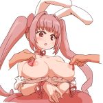  1girl animal_ears bangs bare_shoulders blush bow breasts bunny_ears choker copyright_request disembodied_hands eyebrows_visible_through_hair hair_bow hair_intakes highres large_breasts long_hair nipples own_hands_together parted_lips pasties red_choker red_eyes red_hair red_neckwear red_ribbon red_skirt removing_pasties ribbon ribbon_choker simple_background skirt solo_focus sumiyao_(amam) topless twintails upper_body very_long_hair white_background wristband 