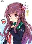  1girl bangs blue_background blush eyebrows_visible_through_hair green_sailor_collar hair_ornament heart kantai_collection kisaragi_(kantai_collection) long_hair long_sleeves notice_lines purple_eyes purple_hair red_neckwear remodel_(kantai_collection) sailor_collar school_uniform serafuku signature simple_background smile solo sou_(soutennkouchi) sparkle spoken_heart 