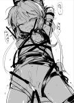  1girl aliasing armpits arms_behind_head arms_up bangs bar_censor bdsm blush bondage bound bound_arms bound_legs censored clenched_teeth clitoral_stimulation closed_eyes commentary_request crying drooling eyebrows_visible_through_hair greyscale hair_ribbon hat highres monochrome mononobe_no_futo navel nose_blush nude object_insertion paintbrush ponytail pussy_juice ribbon rope saliva shiny shiny_skin simple_background sketch solo speech_bubble spread_legs stomach suna_(s73d) suspension talking tears teeth tickling tied_hair touhou translation_request vaginal vaginal_object_insertion white_background 
