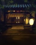  bench building highres lantern nagishiro_mito night no_humans original outdoors scenery sign sliding_doors tree window 