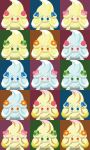  alcremie blue_eyes creature expressionless face flower food fruit gen_8_pokemon green_eyes heart highres looking_at_viewer multicolored multicolored_background no_humans orange_eyes pink_eyes pokemon pokemon_(creature) shawn_flowers strawberry 